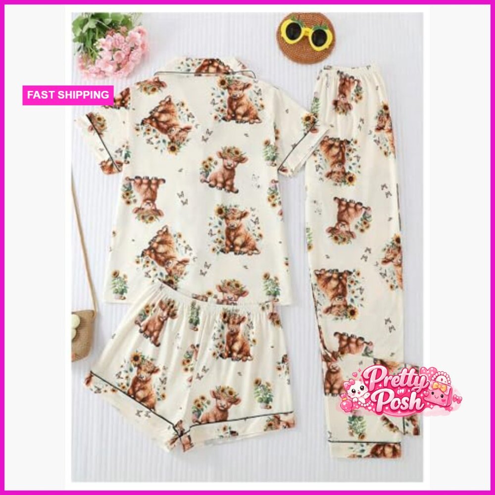 Polyester Pajama Set With Bear Print Button Down … - image 2